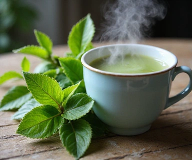 Green Tea leaves and a steaming cup