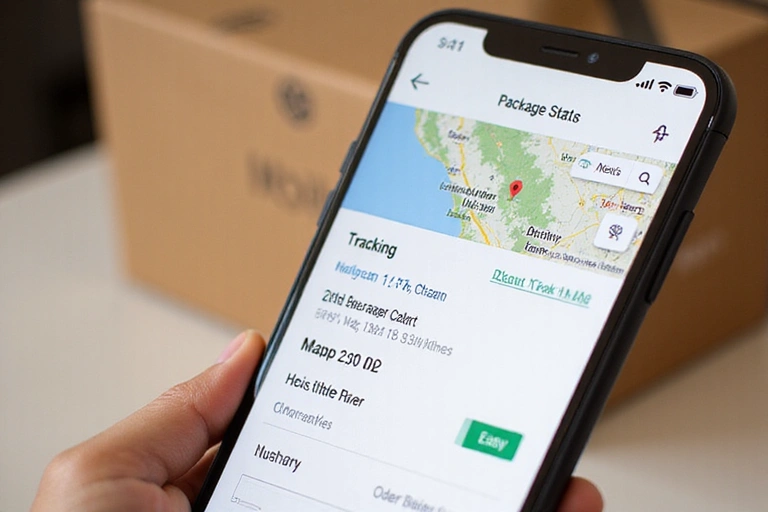 A smartphone screen displaying a package tracking application with a map and delivery status, symbolizing easy order tracking, with a package in the background.