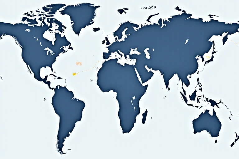 A world map with shipping routes highlighted, symbolizing Tropivoz's worldwide shipping capabilities, with small package icons moving along the routes.