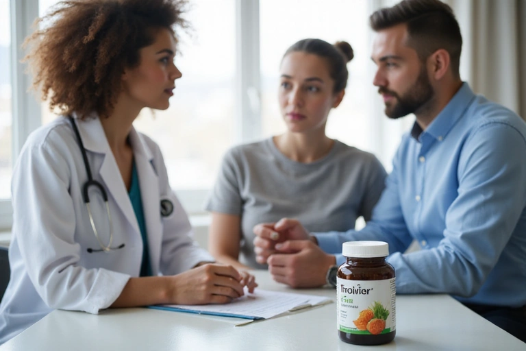 A doctor and a patient discussing health, with a Tropivoz supplement bottle on the table, emphasizing the importance of professional medical advice before taking supplements.