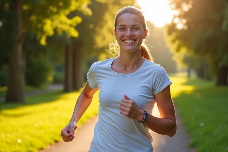 A person looking energetic and healthy, running outdoors, symbolizing the positive results from consistent supplement use, with vibrant green nature in the background.