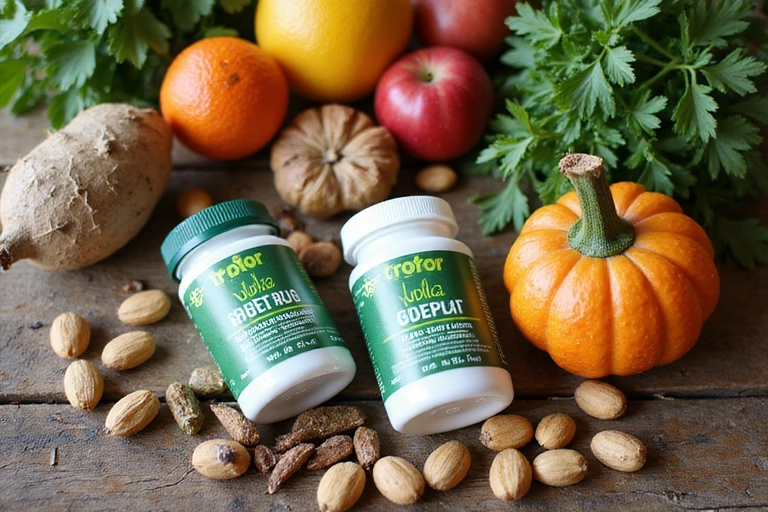 Fresh, natural ingredients for Tropivoz supplements displayed on a rustic wooden table, including various fruits, herbs, and roots, with a focus on vibrant colors and organic textures.