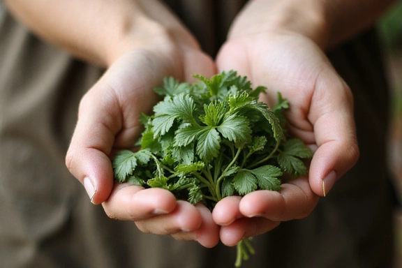 Close-up of hands holding a freshly harvested herb