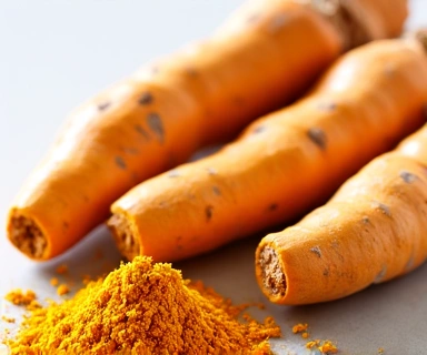 Fresh turmeric roots and powder