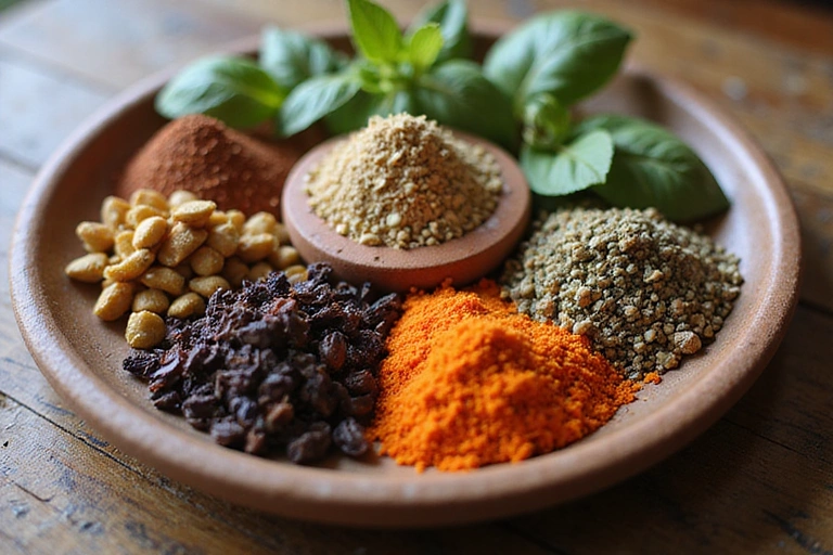 Close-up of natural ingredients like herbs and spices in bowls, symbolizing purity and quality