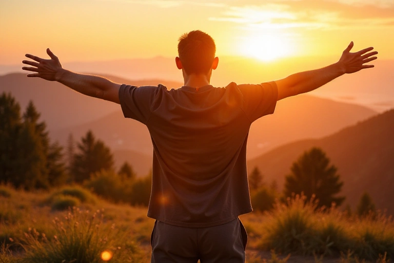 Man stretching with sunrise behind him, symbolizing new energy and natural wellness